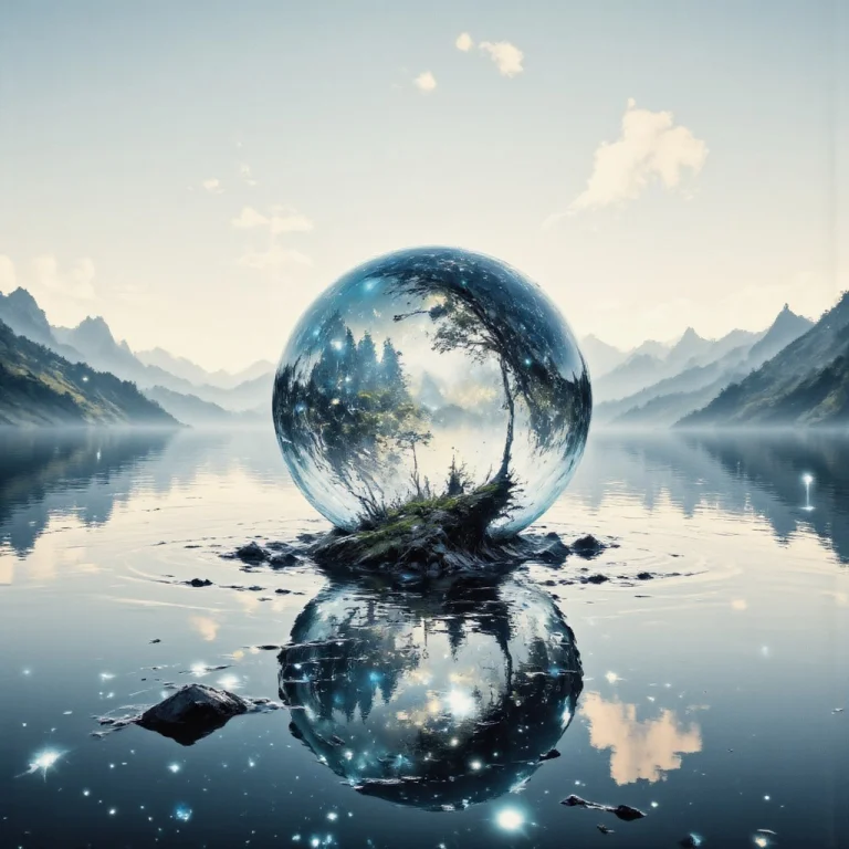 An Infinite, Calm Water Surface Stretches Across The Scene,...