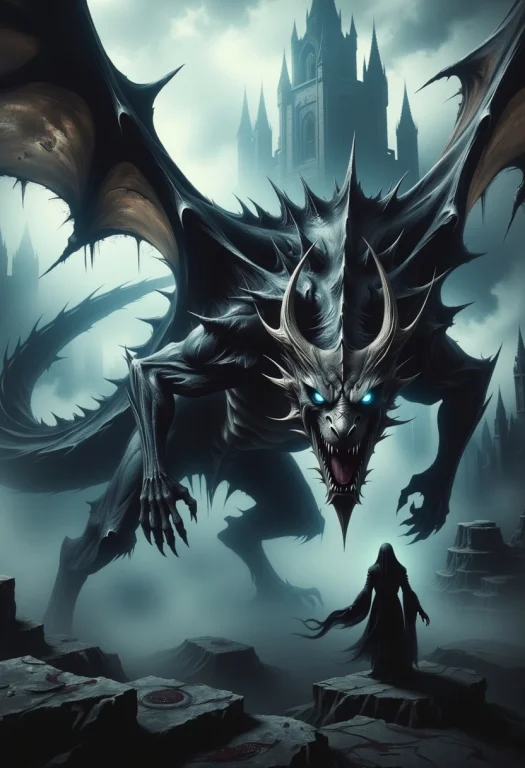 Wide Aerial Shot , Zombie Ghost Dragon With Huge Wings, Mist...