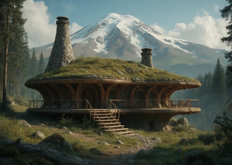 Futuristic Cottage Settlement With In The Forest With Elbrus...