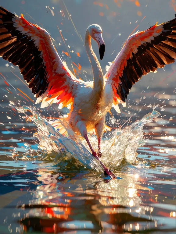 A Graceful Flamingo Captured At The Exact Instant Of Violent...
