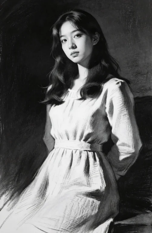 Sketchportrait, 1girl, Solo, Monochrome, Greyscale, Long Hai...