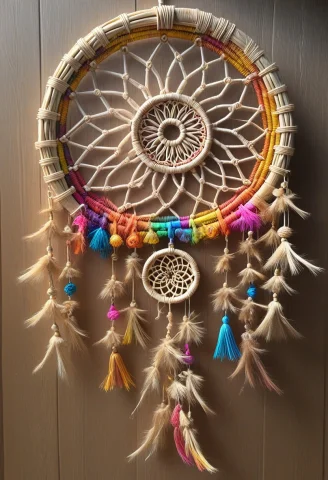 Rainbow Straw Dreamcatcher — SDXL AI Prompt: a dreamcatcher , made of rainbow straw, multicolored straw, knots of straw, macr...