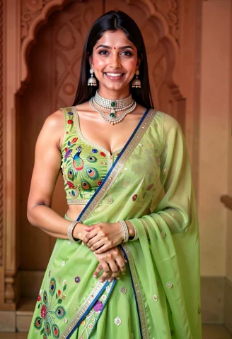 Three-quarter Indoor Portrait Of A Smiling Young Indian Woma... — FLUX AI Prompt: Three-quarter indoor portrait of a smiling young Indian woman standing gracefull...