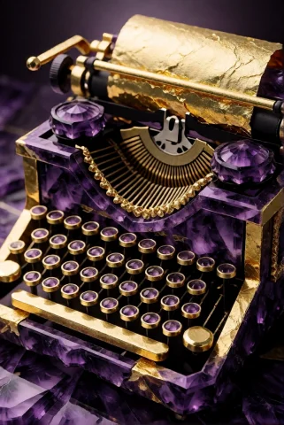 Goldamethystworld, A Vintage Typewriter Clad In Antique Gold... — Stable Diffusion AI Prompt: GoldAmethystWorld, a vintage typewriter clad in antique gold and deep-violet ame...
