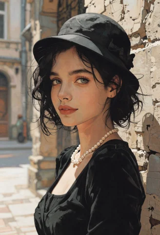 Bradhamel Art Style, Close-up Of A Young Russian Woman In A... — Stable Diffusion AI Prompt: Bradhamel art style, Close-up of a young Russian woman in a black velvet dress,...