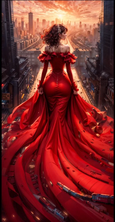 Woman In Red Dress Standing On A Ledge Overlooking A City, S...
