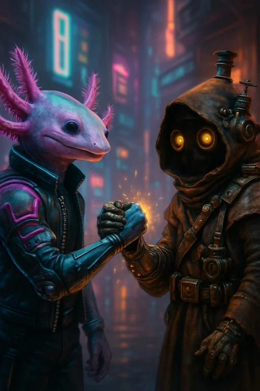 A Cyberpunk Like Axolotl Doing A Bro Hand Shake With A Steam...