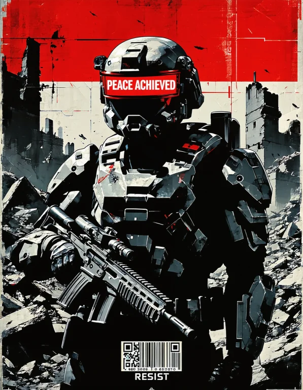A Soldier In Full Augmented Armor Stands Before A Ruined Cit...