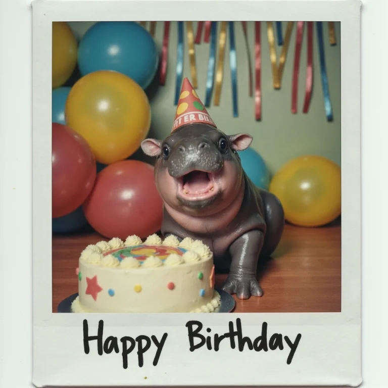 A Cute Polaroid Photograph Capturing A Baby Hippo At A Color...