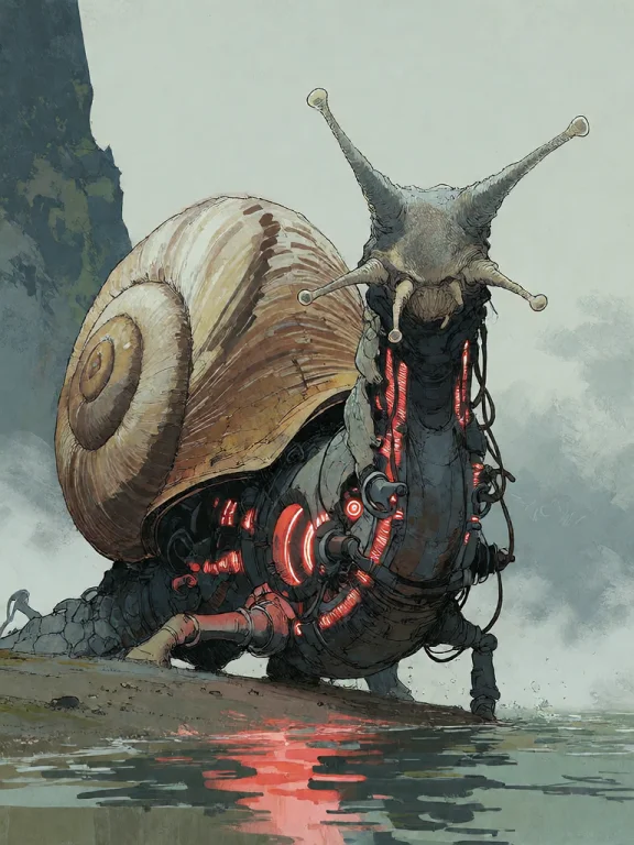 Bradhamel Art Style.a Colossal Mechanical Snail With A Massi...