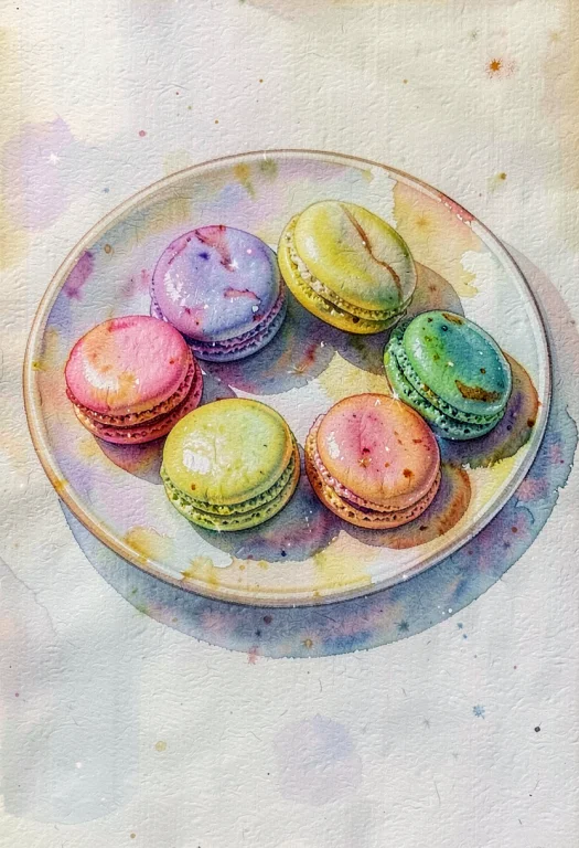 A Plate Of Macarons Arranged By Color, Gouache Concept Art,...