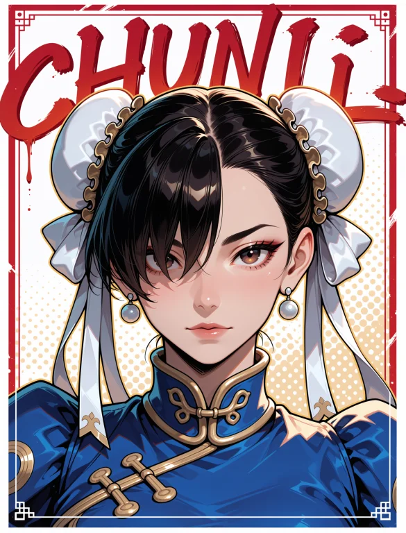 An Image Of Chun Li In The Style Of A Poster With Gold Halft...
