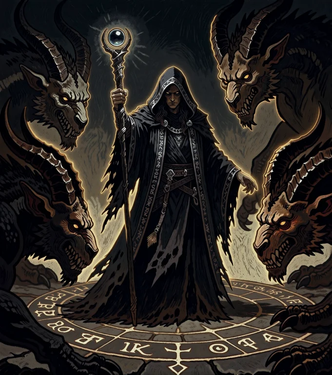 A Dark Sorcerer, Cloaked In Tattered Black Robes Threaded Wi...