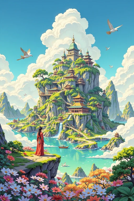A Fantasy Island Beautiful Landscape, Cloudy Sky, Woman, Ver...