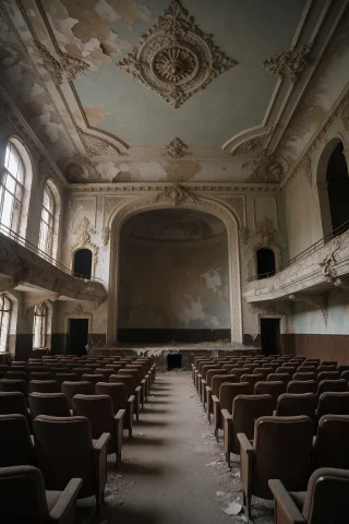 16. Abandoned Art Deco Cinema In Cuba, 1930s Interior, Peeli... — Stable Diffusion AI Prompt: 16. Abandoned Art Deco cinema in Cuba, 1930s interior, peeling ornate plasterwor...