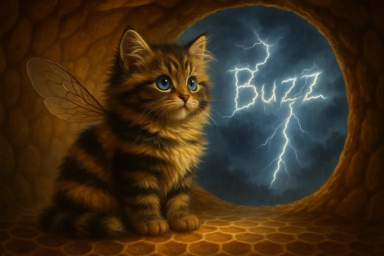 A Realistic Scene With A Longhaired Kitten With Bumblebee Fu...
