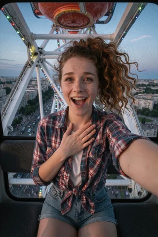 A Genuine First-person Selfie Taken From The Hand. At The Ve... — Stable Diffusion AI Prompt: A genuine first-person selfie taken from the hand. At the very top of a giant Fe...