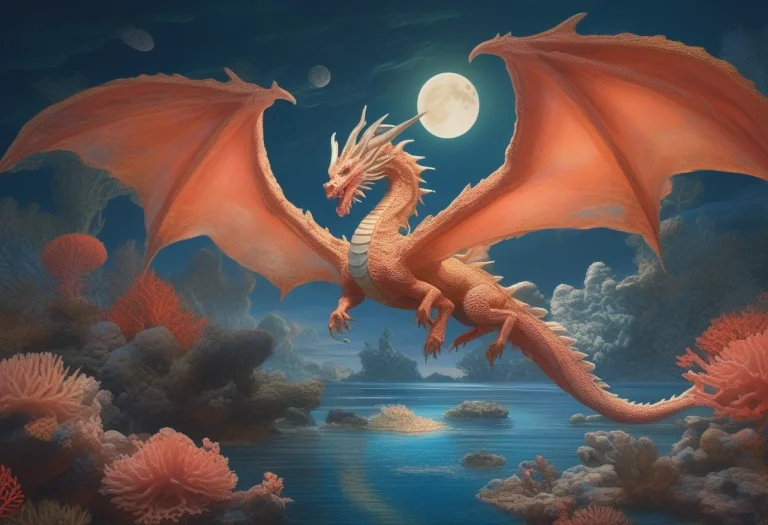 A Coral Dragon Gliding Over A Bright Reef, Expressive Brushw...