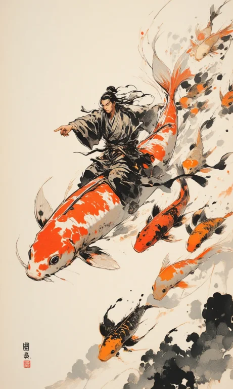 A Man In Hanfu Rides On The Head Of A Koi, Pointing His Fing...