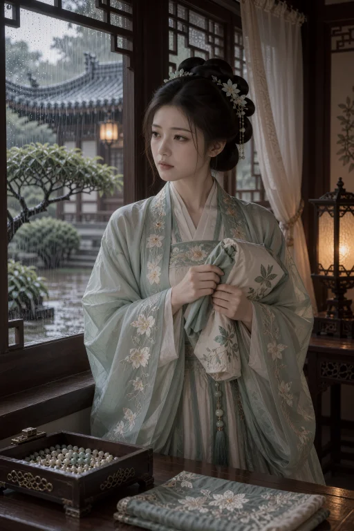 雨中的木窗边，一名年轻中国女子站在室内，身体略向外侧转动，双...