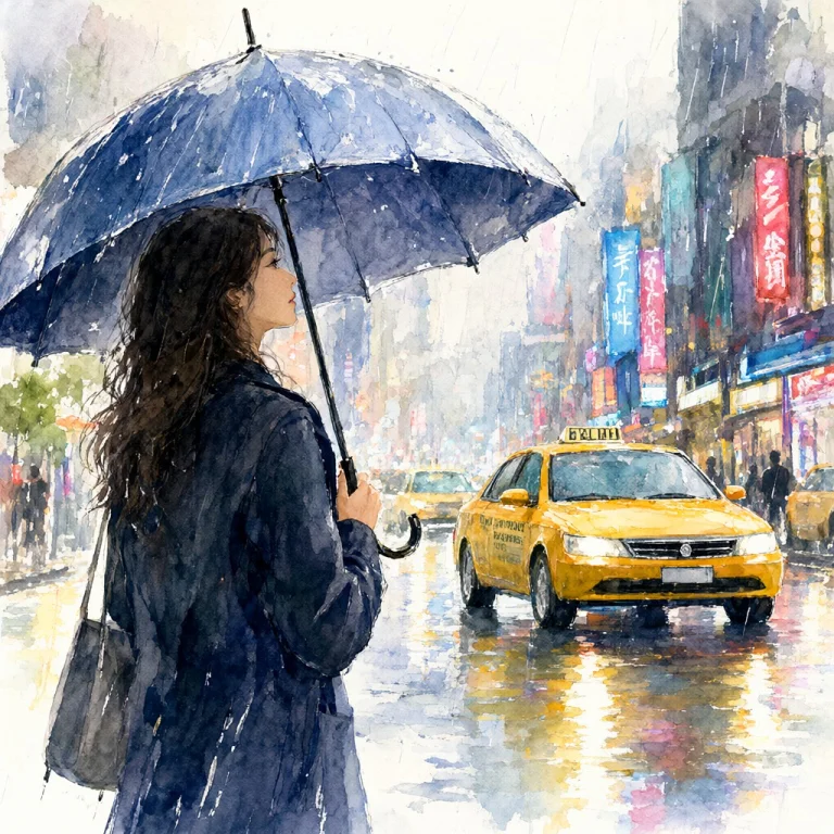Watercolor Ink Painting. Woman Holding Umbrella. Rain. City....