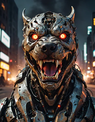 Angry Pitbull Robot, Flaming Teeth, Night, Neon Lights, Batt... — SDXL AI Prompt: angry pitbull ((robot)), flaming teeth, night, neon lights, battle damaged, scra...