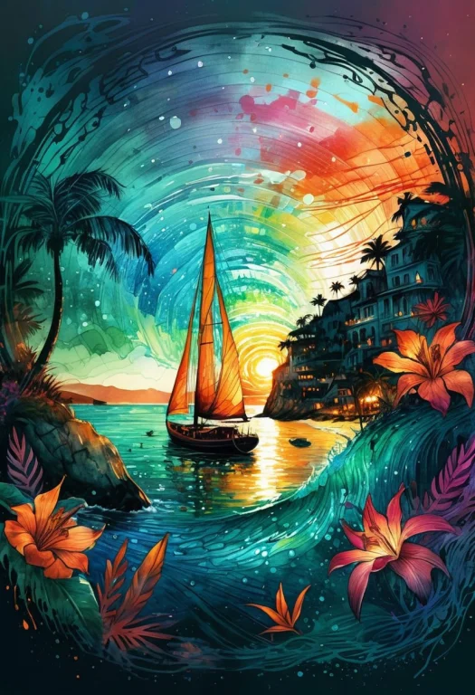 Beautiful Sailboat On Sparkling Waters At A Tropical Beach,...
