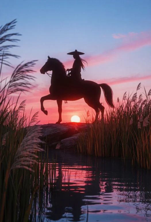 Chinese Wuxia Style Illustration, A Vast Reed Marsh At Sunse...