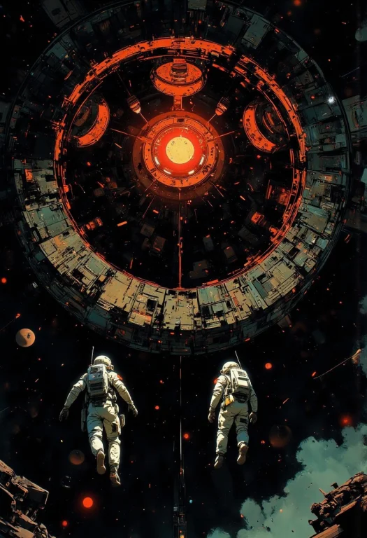 Two Astronauts In Spacesuits Float In Dark Space Inside A Ma...