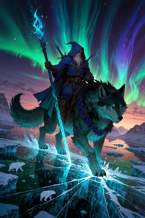 , Wizard Riding A Giant Wolf Across An Arctic Glacier Under...
