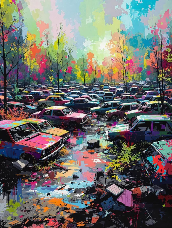 An Abandoned Car Graveyard, Each Car Partly Fading Into Colo...