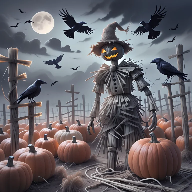 A Straw Scarecrow Standing Guard Of A Pumpkin Patch, Visible...
