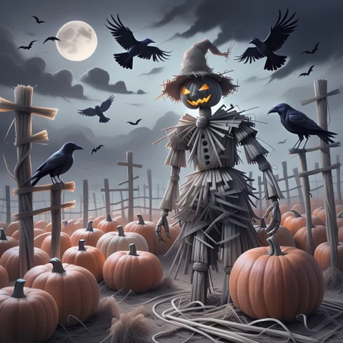 Surreal Moody Scarecrow Pumpkin Prompt — SDXL AI Prompt: a straw scarecrow standing guard of a pumpkin patch, Visible sections where indi...