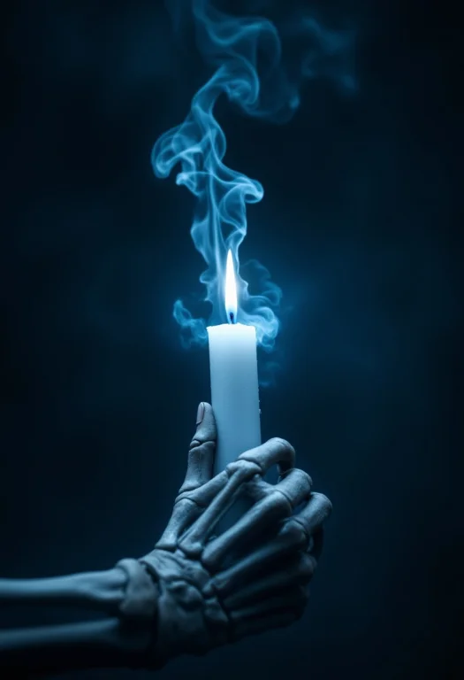 A Skeletal Hand Firmly Grasps A White Candle, Its Bony Finge...