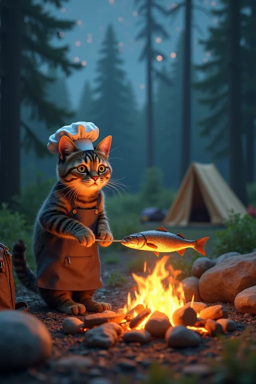 A Realistic Scene Of A Chef Cat Camping In The Wilderness, G...