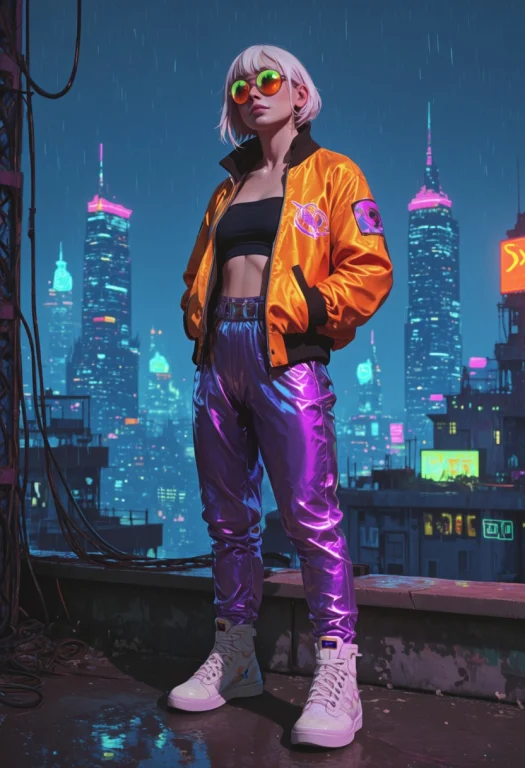 Sprawling Neon Cityscape, Nighttime, Rain, Rooftop Setting,...
