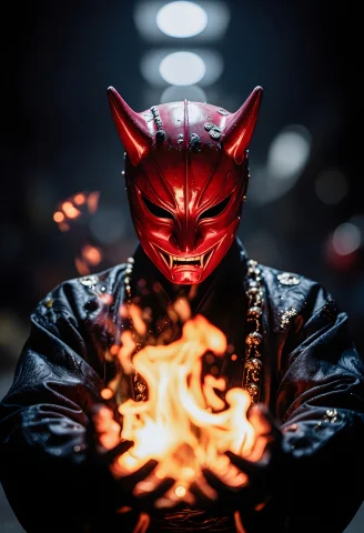 Powerful Mask Wearing Traditional Magical Outfit, Powerful E... — Stable Diffusion AI Prompt: Powerful 😈mask wearing traditional magical outfit, powerful expression, eyes fi...