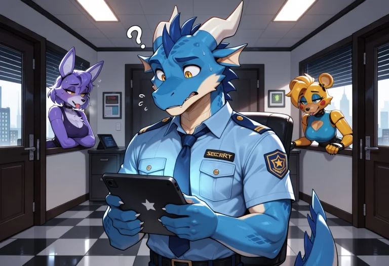 2d Artwork Blue Dragon Male In A Security Guard Uniform, Loo...