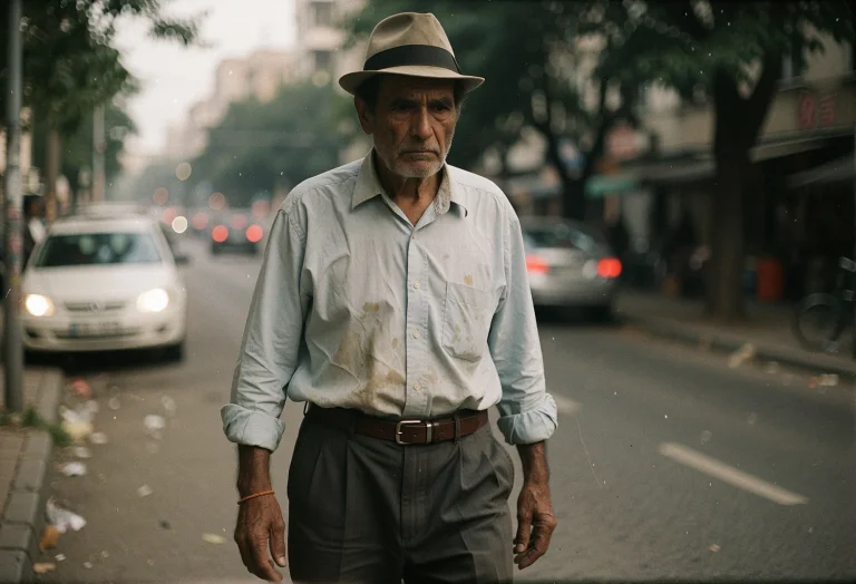An Older South Asian Man Walks Forward On A Paved Road Weari...