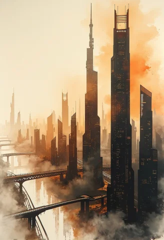 A Sweeping Cityscape Unfurls Across Delicate Rice Paper, Pai... — FLUX AI Prompt: A sweeping cityscape unfurls across delicate rice paper, painted with expressive...