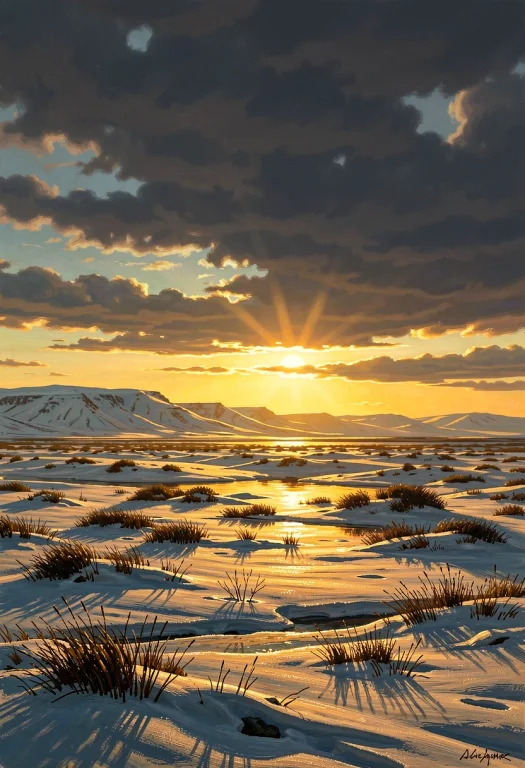 Northern Tundra Glowing Under Low Sun, Classical Painting, H...