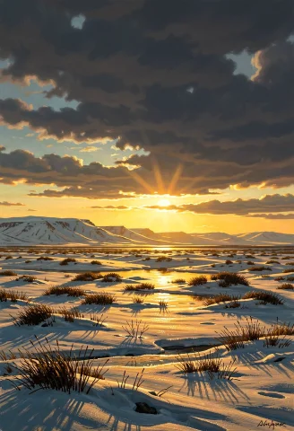 Northern Tundra Glowing Under Low Sun, Classical Painting, H... — Stable Diffusion AI Prompt: northern tundra glowing under low sun, classical painting, harsh midday sun, rul...