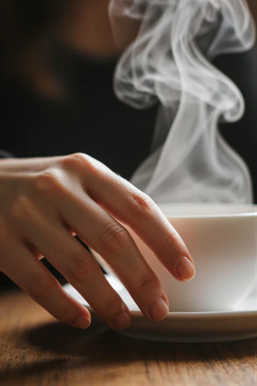 A Close-up Of A Womans Hand Resting On The Rim Of A Warm Tea...