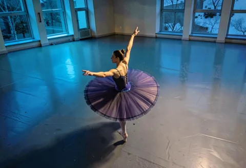 A Ballet Dancer Paused Mid-turn In An Empty Studio, Blue Hou... — Stable Diffusion AI Prompt: a ballet dancer paused mid-turn in an empty studio, blue hour, high angle shot,...