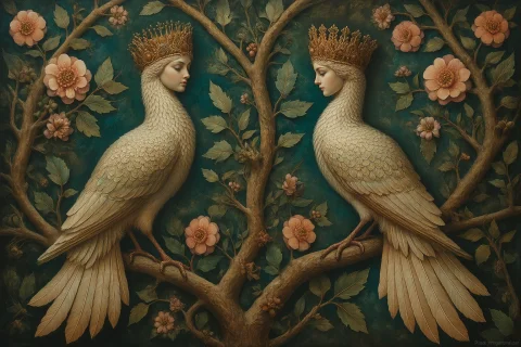 Loravvasnetsov1, Mystical Paradise Birds Sirin And Alkonost... — Stable Diffusion AI Prompt: , mystical paradise birds Sirin and Alkonost perched in flowering garden tree, b...