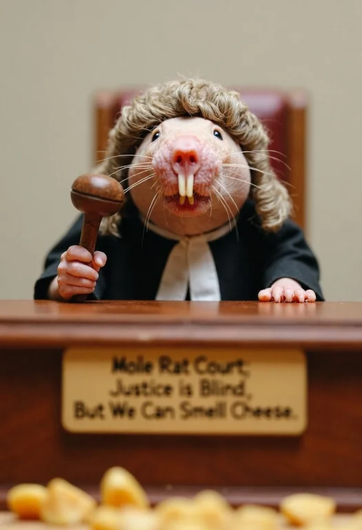 A Mole Rat Wearing A Judges Robe And Wig, Sitting At A Tiny...