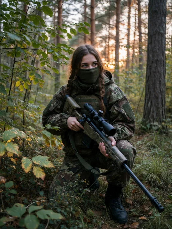 Cinematic Shot, Charming Sniper, Brunette In Military Unifor...