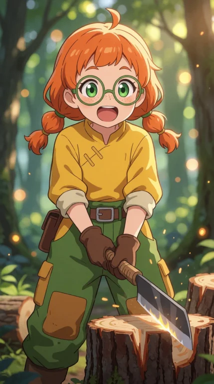 An Excited Anime-style Girl Cutting Trees Down In A Forest....