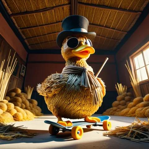 Golden Harvest Woven Duck — SDXL AI Prompt: a giant rubber duck wearing a top hat and sunglasses standing on a skateboard, h...