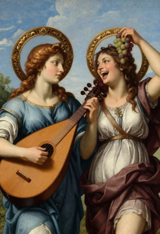 Two Muses Share The Same Decorative Halo One Plays The Lute,... — Stable Diffusion AI Prompt: Two muses share the same decorative halo: one plays the lute, the other laughs w...